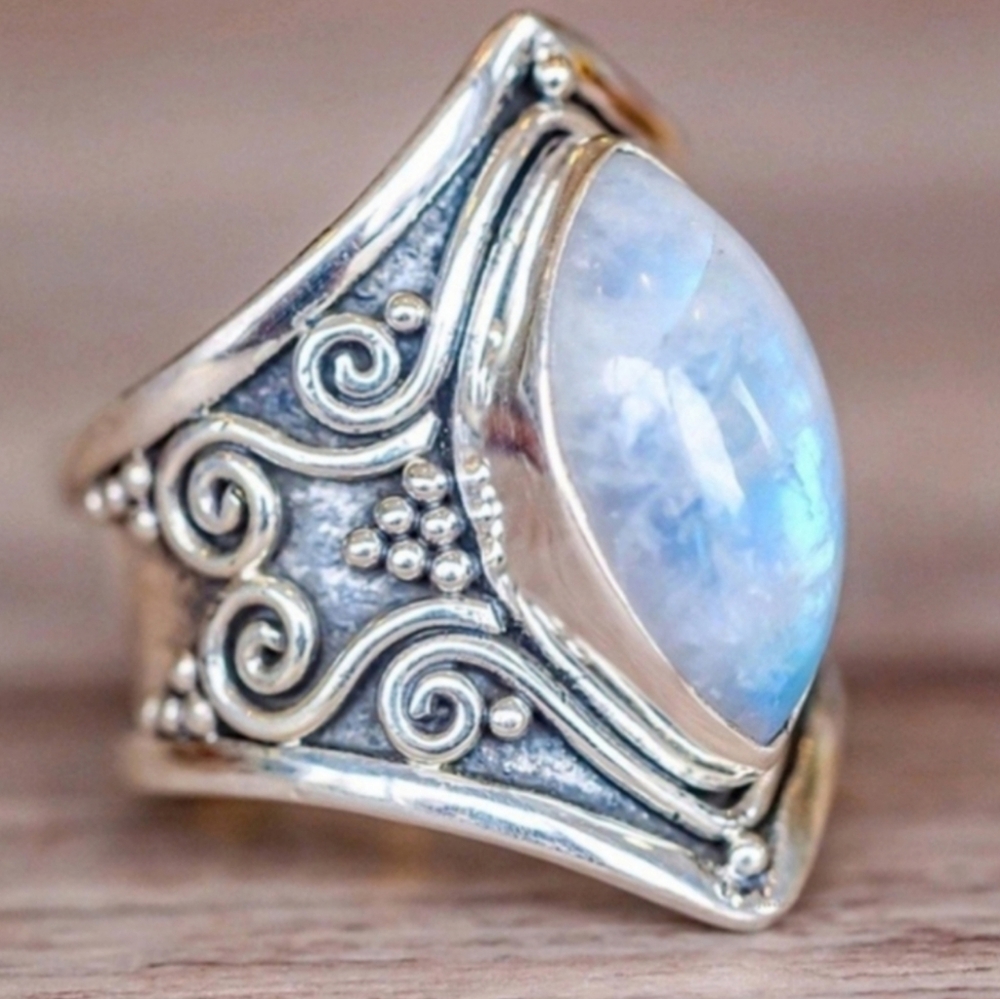 Beautiful Bohemian Moonstone Stainless Steel Chunky Ring - Sz. #7